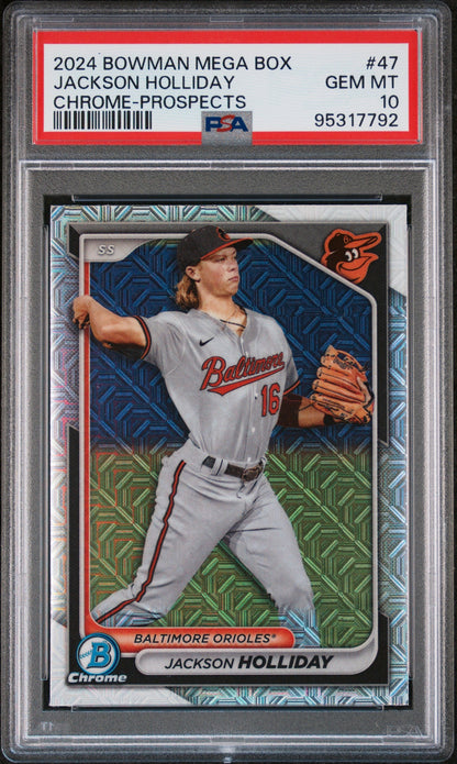 Graded 2024 Topps Bowman Mega Box Jackson Holliday #47 Chrome Prospects Rookie RC Baseball Card PSA 10 Gem Mint