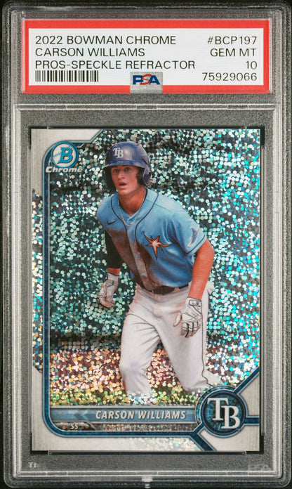 Graded 2022 Topps Bowman Chrome Carson Williams #BCP197 Prospect Speckle Refractor #/299 Rookie RC Baseball Card PSA 10 Gem Mint