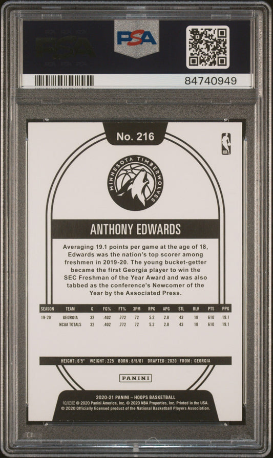 Graded 2020-21 Panini Hoops Anthony Edwards #216 Purple Explosion Rookie RC Basketball Card PSA 10 Gem Mint