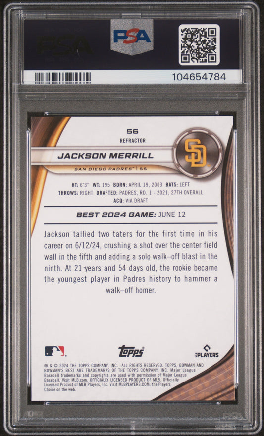 Graded 2024 Topps Bowmans Best Jackson Merrill #56 Refractor Rookie RC Baseball Card PSA 10 Gem Mint