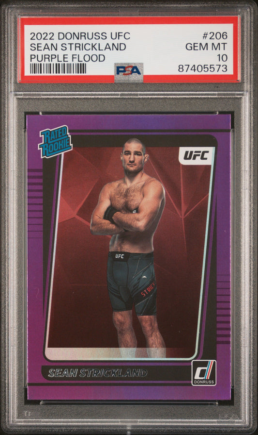 Graded 2022 Panini Donruss UFC Sean Strickland #206 Purple Flood Rookie RC UFC MMA Card PSA 10 Gem Mint