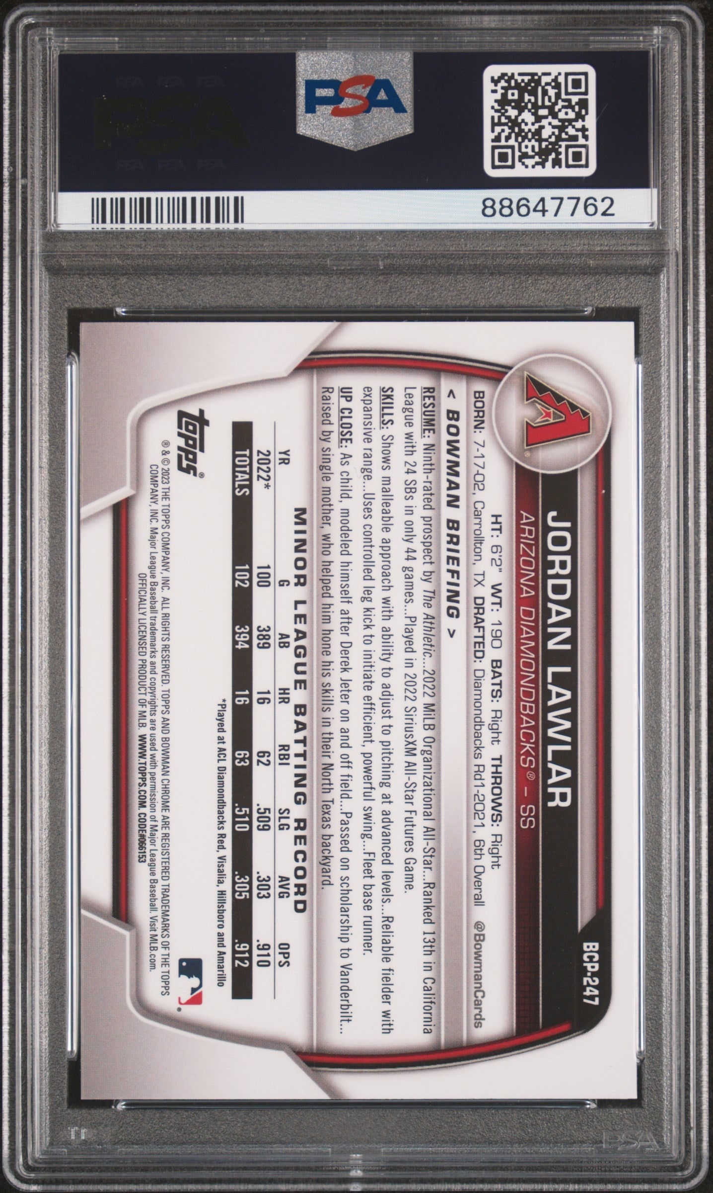Graded 2023 Topps Bowman Chrome Sapphire Edition Jordan Lawler #247 Prospects Rookie RC Baseball Card PSA 10 Gem Mint