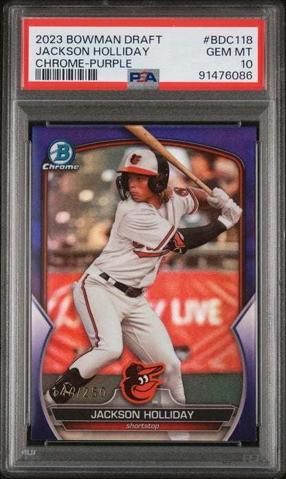 Graded 2023 Topps Bowman Draft Jackson Holliday #BDC118 Chrome Purple #/250 Rookie RC Baseball Card PSA 10 Gem Mint