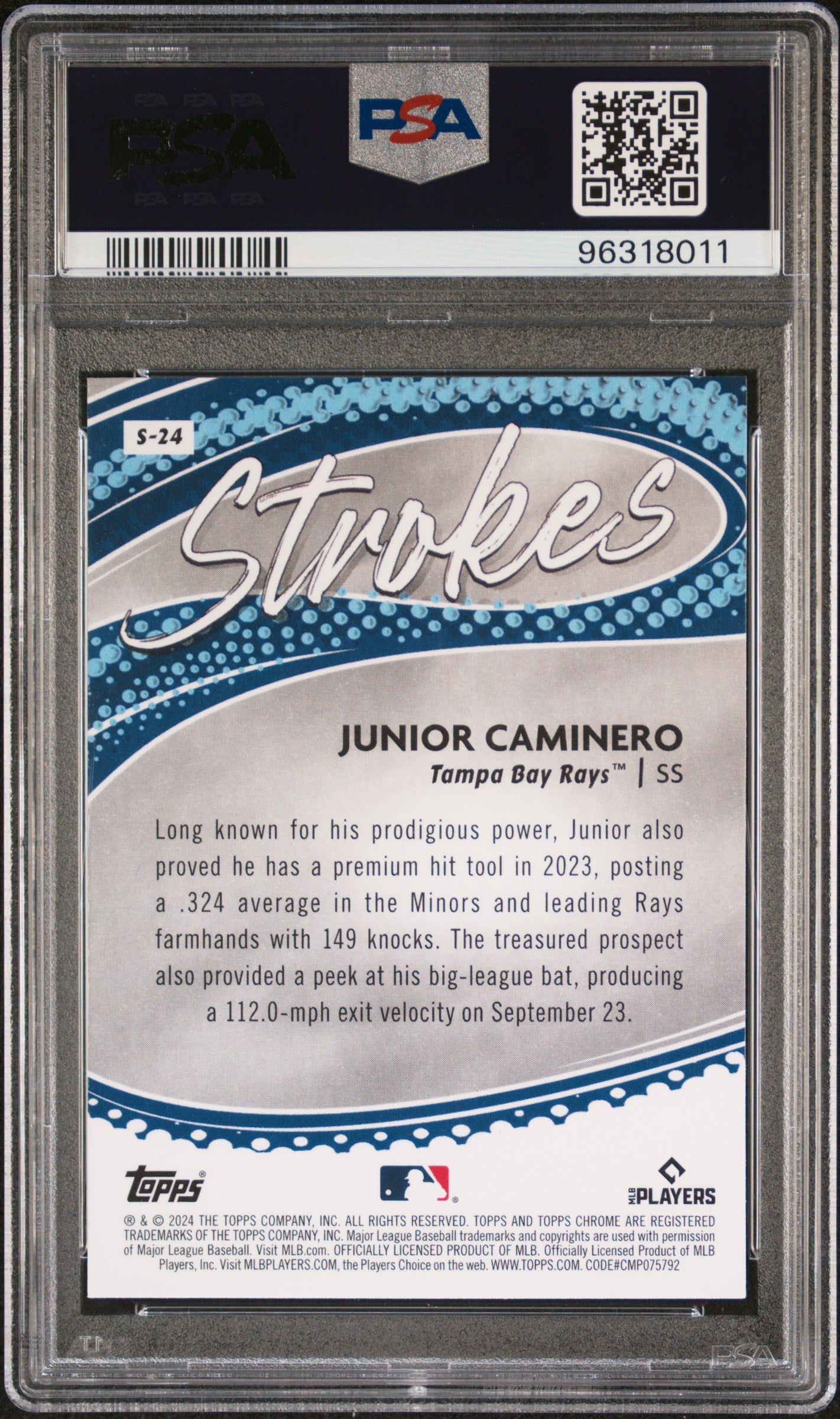 Graded 2024 Topps Chrome Junior Caminero #S24 Strokes Rookie RC Baseball Card PSA 10 Gem Mint