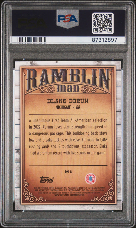 Graded 2023 Topps Bowman U Chrome Blake Corum #RM8 Ramblin Man Rookie RC Football Card PSA 10 Gem Mint