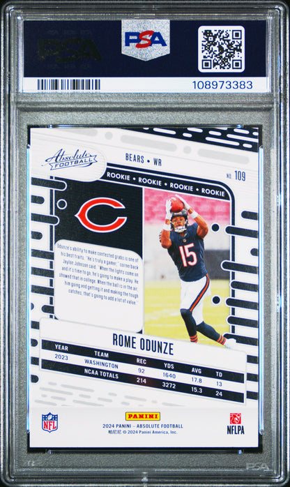 Graded 2024 Panini Absolute Rome Odunze #109 Black Rookie RC Football Card PSA 10 Gem Mint