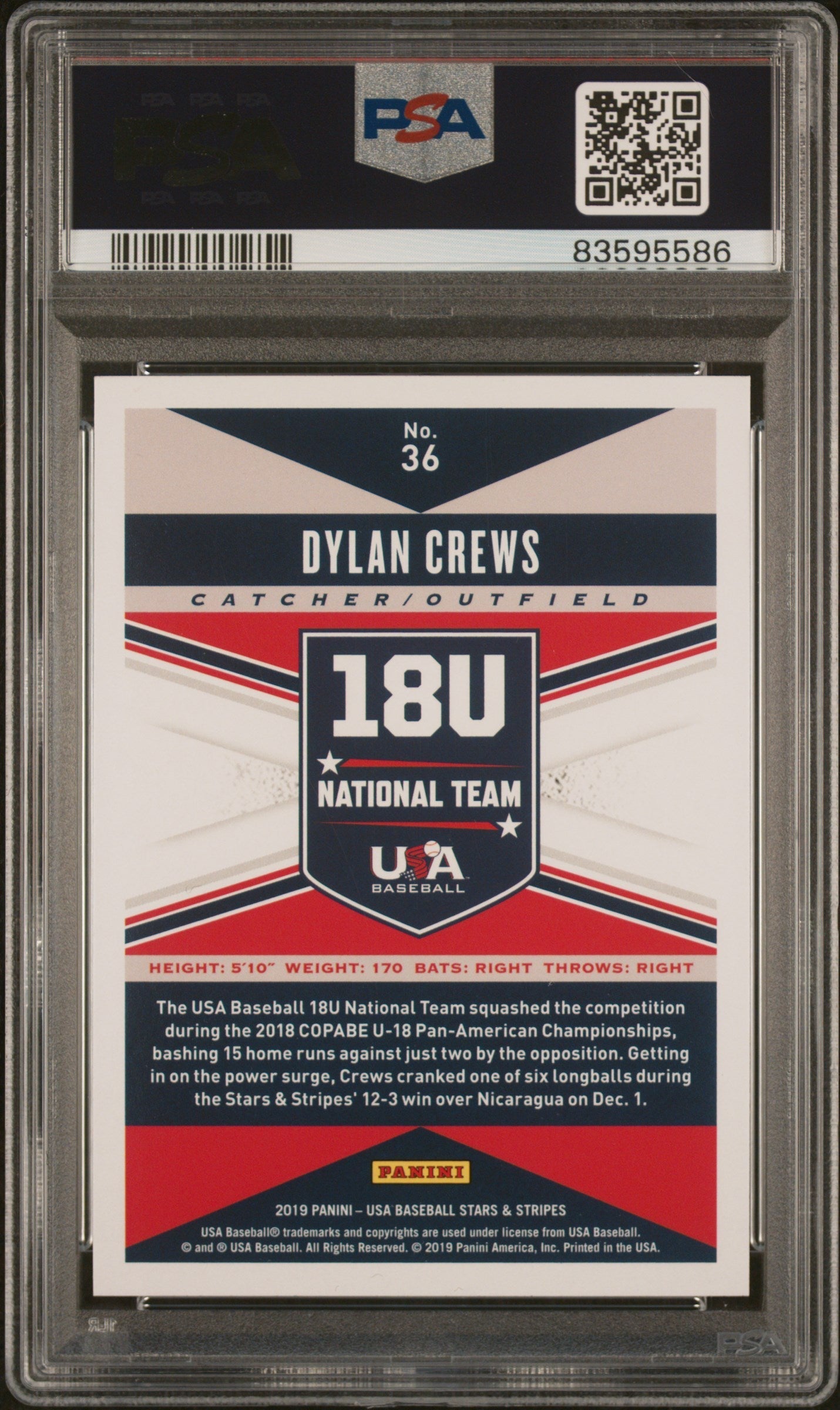 Graded 2019 Panini Stars & Stripes USA Dylan Crews #36 Longevity Base Rookie RC Baseball Card PSA 10 Gem Mint