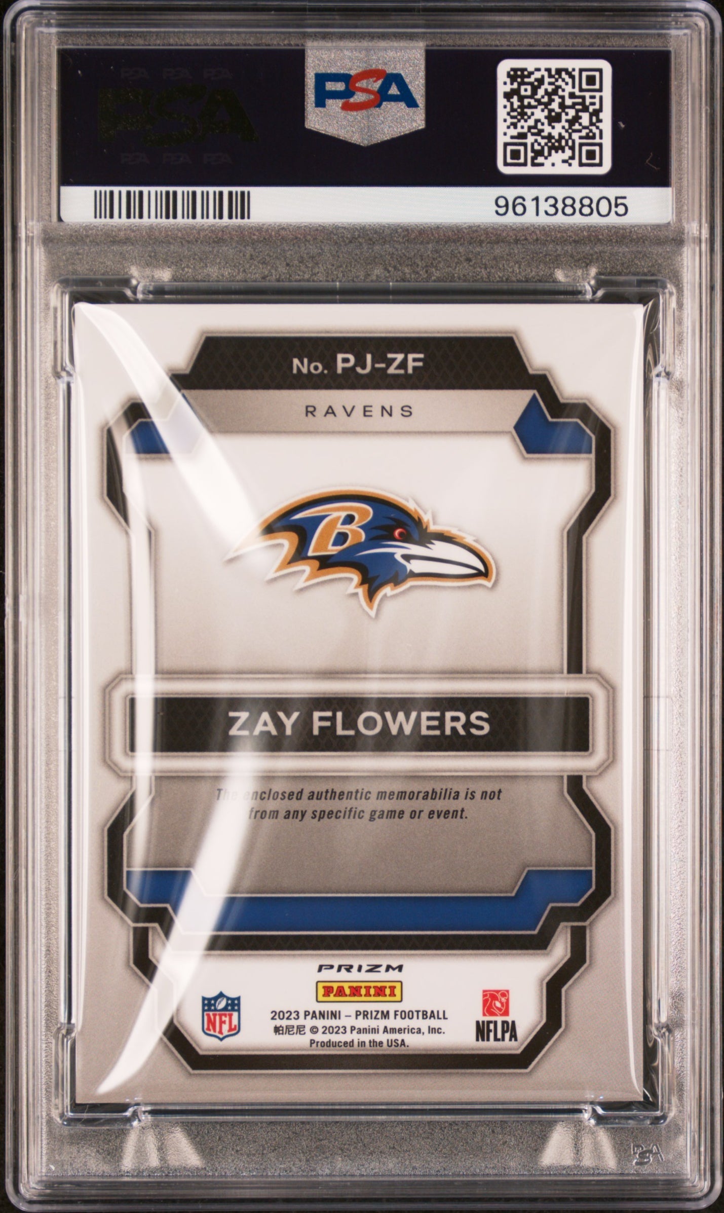 Graded 2023 Panini Prizm Zay Flowers #PJZF Premier Jersey Purple Pulsar Rookie RC Football Card PSA 10 Gem Mint