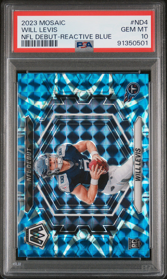 Graded 2023 Panini Mosaic Will Levis #ND4 NFL Debut Reactive Blue Rookie RC Football Card PSA 10 Gem Mint
