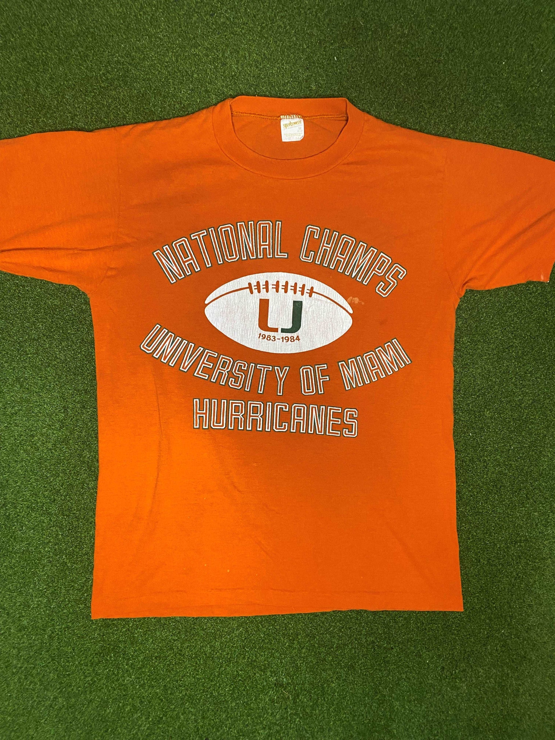 1983 Miami Hurricanes - National Champions - Vintage College Football Tee Shirt (Medium)