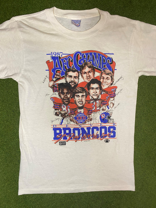 1987 Denver Broncos - Caricature Roster AFC Champs - Vintage NFL Player T-Shirt (Large) 