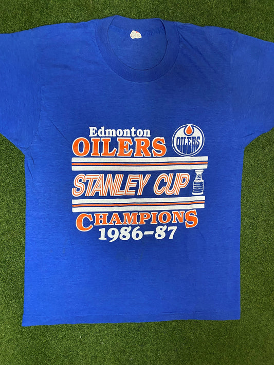 1987 Edmonton Oilers - Stanley Cup Champions - Vintage NHL T-Shirt (Medium) Gametime Vintage