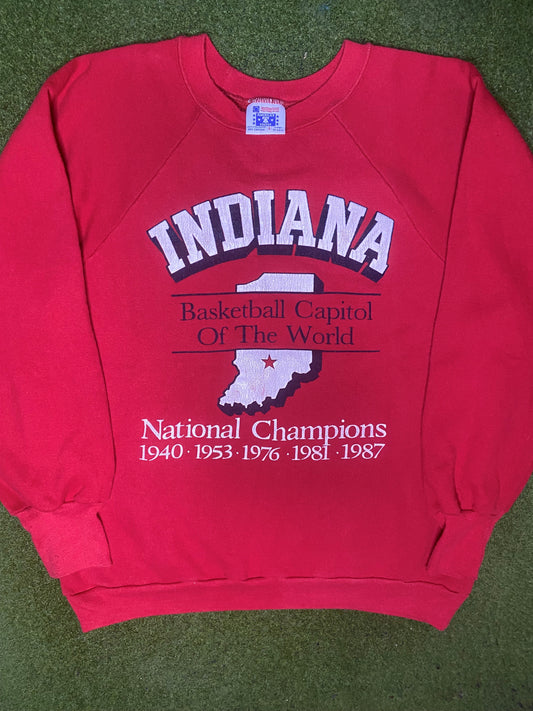 1987 Indian Hoosiers - National Champions - Vintage College Basketball Sweatshirt (Large) - Gametime Vintage
