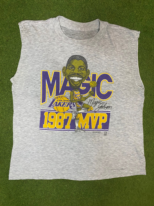 1987 Los Angeles Lakers - Magic Johnson MVP - Vintage NBA Player Cutoff (Large) 