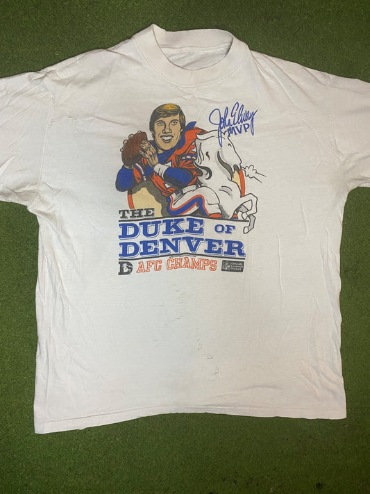 1988 Denver Broncos - John Elway - The Duke of Denver - Vintage NFL Player T-Shirt (Large0 Gametime Vintage