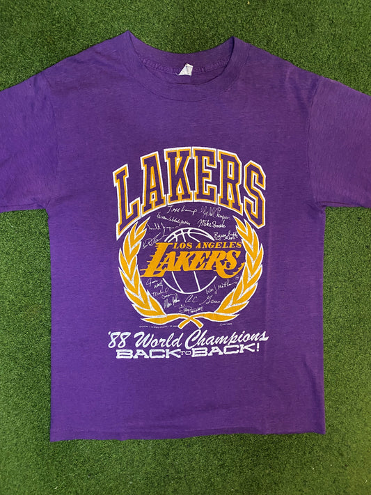 1988 Los Angeles Lakers - World Champions Back to Back - Vintage NBA T-Shirt (Large)
