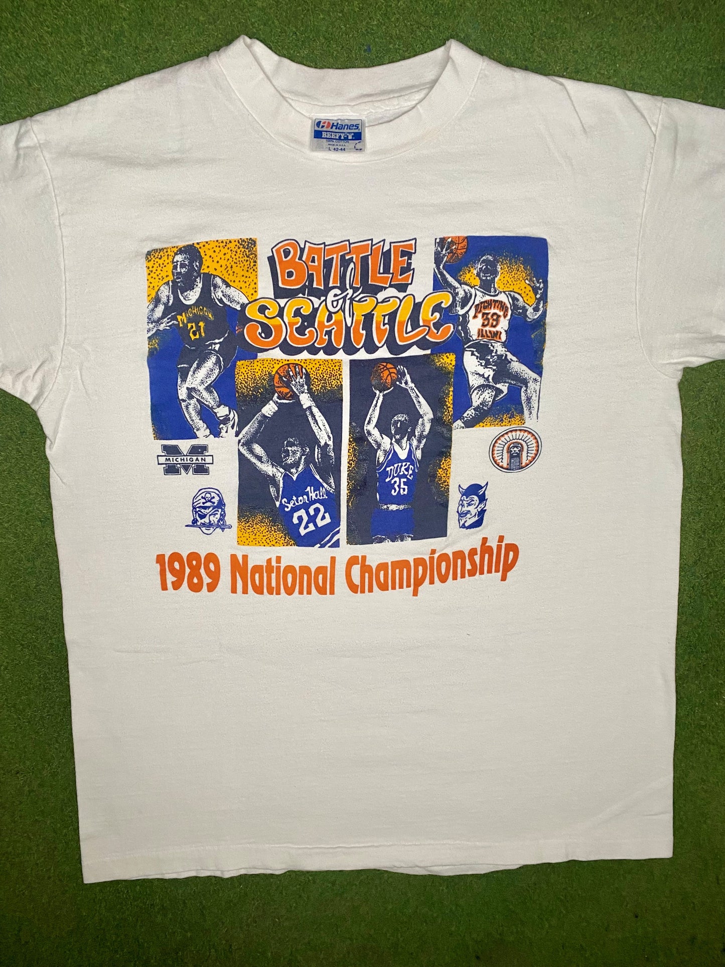 1989 Final Four - Duke, Seton Hall, Michigan & Illinois - Camiseta vintage de universidad (Talla L)