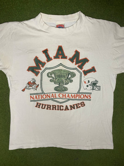 1989 Miami Hurricanes - National Champions - Vintage College T-Shirt (Large)