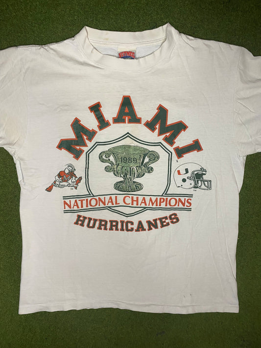 1989 Miami Hurricanes - National Champions - Vintage College T-Shirt (Large)