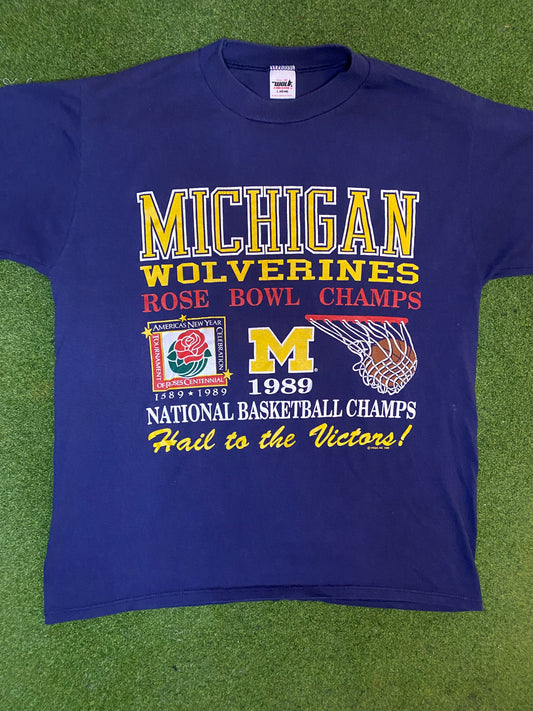 1989 Michigan Wolverines - National Basketball Champs - Rose Bowl Champs - Vintage College Sports T-Shirt (Large) Gametime Vintage