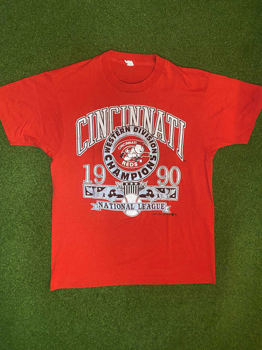 1990 Cincinnati Reds - Western Div Champs - Vintage MLB Tee Shirt (Medium)