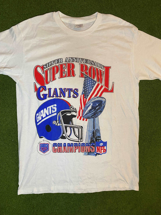1990 New York Giants - Silver Anniversary Super Bowl XXV Champions - Vintage NFL T-Shirt (XL) - Gametime Vintage