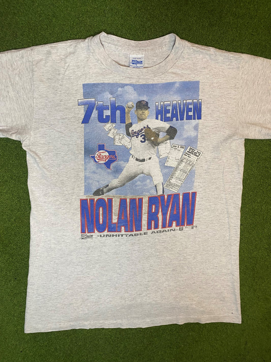 1990 Texas Rangers - Nolan Ryan - Unhittable Again - Vintage MLB Player T-Shirt (Large) 