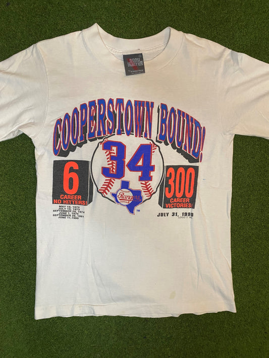 1990 Texas Ranger - Nolan Ryan - Cooperstown Bound - Double Sided - Vintage MLB Player T-Shirt (Small)