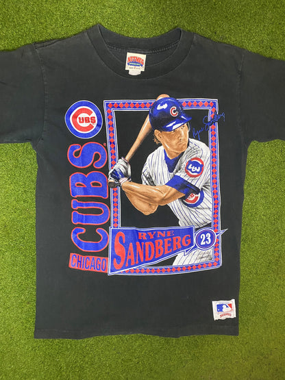 1990 Chicago Cubs - Ryne Sandberg - Double Sided - Vintage MLB Player T-Shirt (Medium)