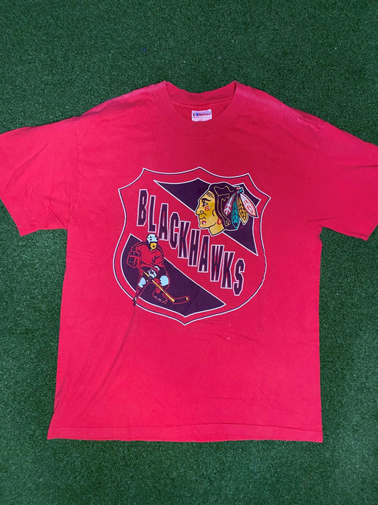 1991 Chicago Blackhawks - Vintage NHL Tee Shirt (Large) Gametime Vintage