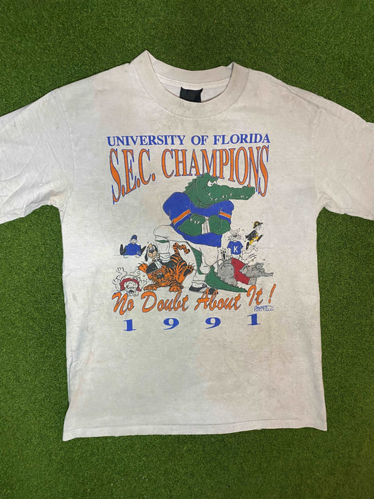 1991 Florida Gators - SEC Champions - Double Sided - Vintage College Football T-Shirt (Medium) Gametime Vintage