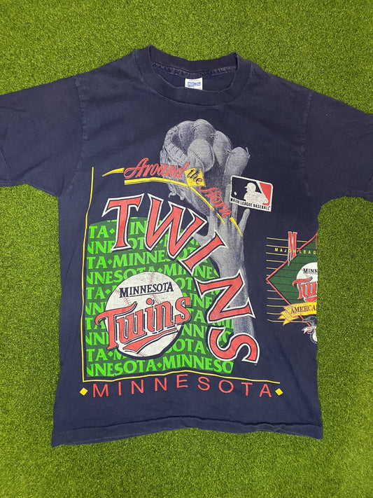 1991 Minnesota Twins - Print All Over - Vintage MLB Tee Shirt (Large) Gametime Vintage