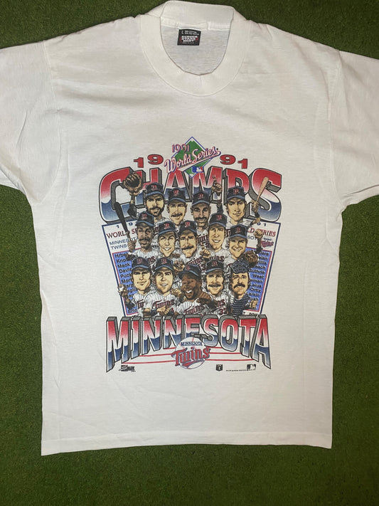 1991 Minnesota Twins - World Series Roster Caricature - Vintage MLB T-Shirt (Large) 