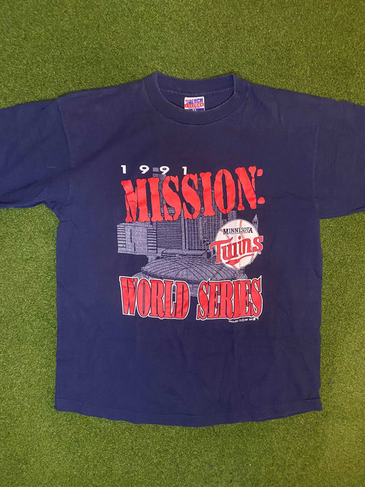 1991 Minnesota Twins - Mission World Series - Vintage MLB Tee Shirt (XL) - Gametime Vintage