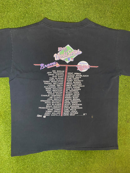 1991 World Series - Braves Vs. Twins Ft. Justice and Puckett - Double Sided - Vintage MLB T-Shirt (Large) 