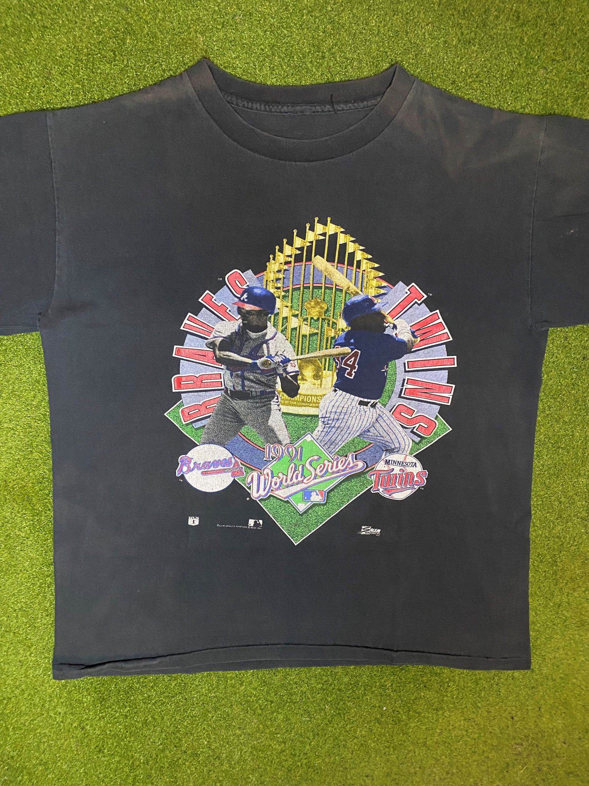 1991 World Series - Braves Vs. Twins Ft. Justice and Puckett - Double Sided - Vintage MLB T-Shirt (Large) 