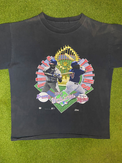 1991 World Series - Braves Vs. Twins Ft. Justice and Puckett - Double Sided - Vintage MLB T-Shirt (Large) 