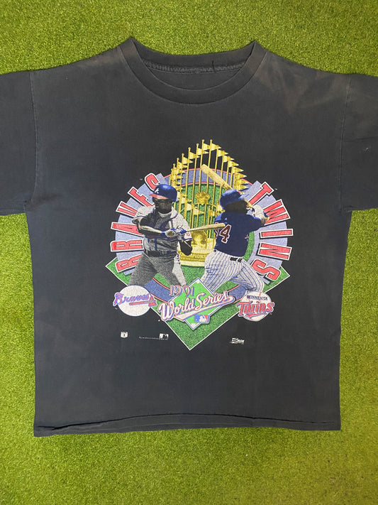 1991 World Series - Braves Vs. Twins Ft. Justice and Puckett - Double Sided - Vintage MLB T-Shirt (Large) 