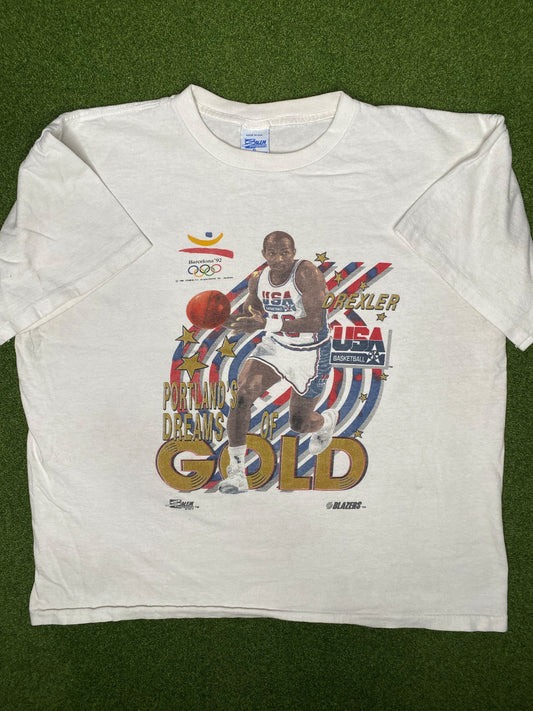 1992 USA Basketball - Clyde Drexler Gold - Vintage NBA T Shirt (XL)