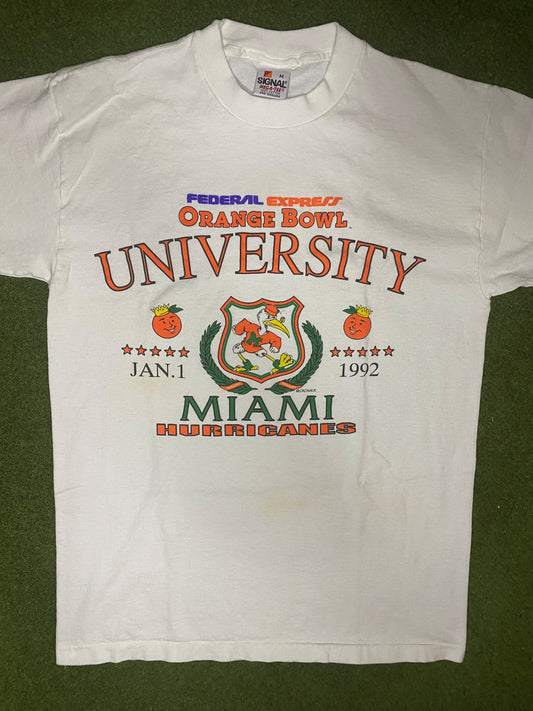 1992 Miami Hurricanes - FedEx Orange Bowl - Vintage College T-Shirt (Medium) - Gametime Vintage