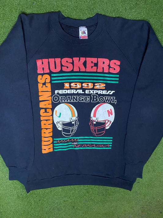 1992 Orange Bowl - Miami Hurricanes Vs. Nebraska Cornhuskers - Vintage College Sweatshirt (XL) Gametime Vintage