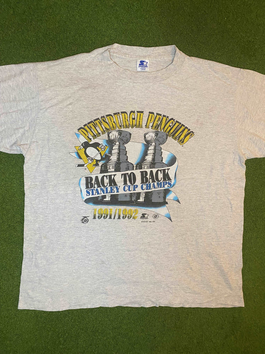 1992 Pittsburgh Penguins - Back to Back Stanley Cup Champs - Vintage NHL T-Shirt (Large)