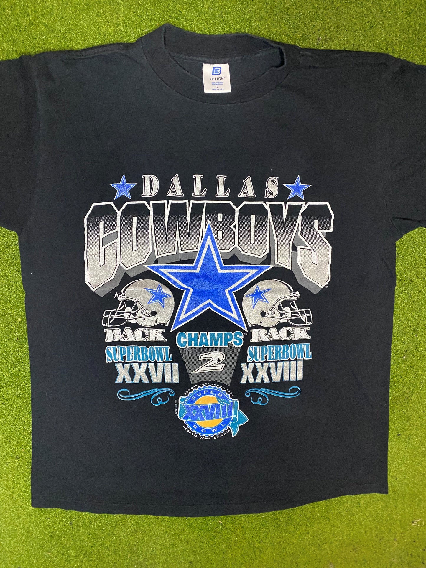 1993 Dallas Cowboys - Back 2 Back Super Bowl Champs - Vintage NFL T-Shirt (Large) Gametime Vintage