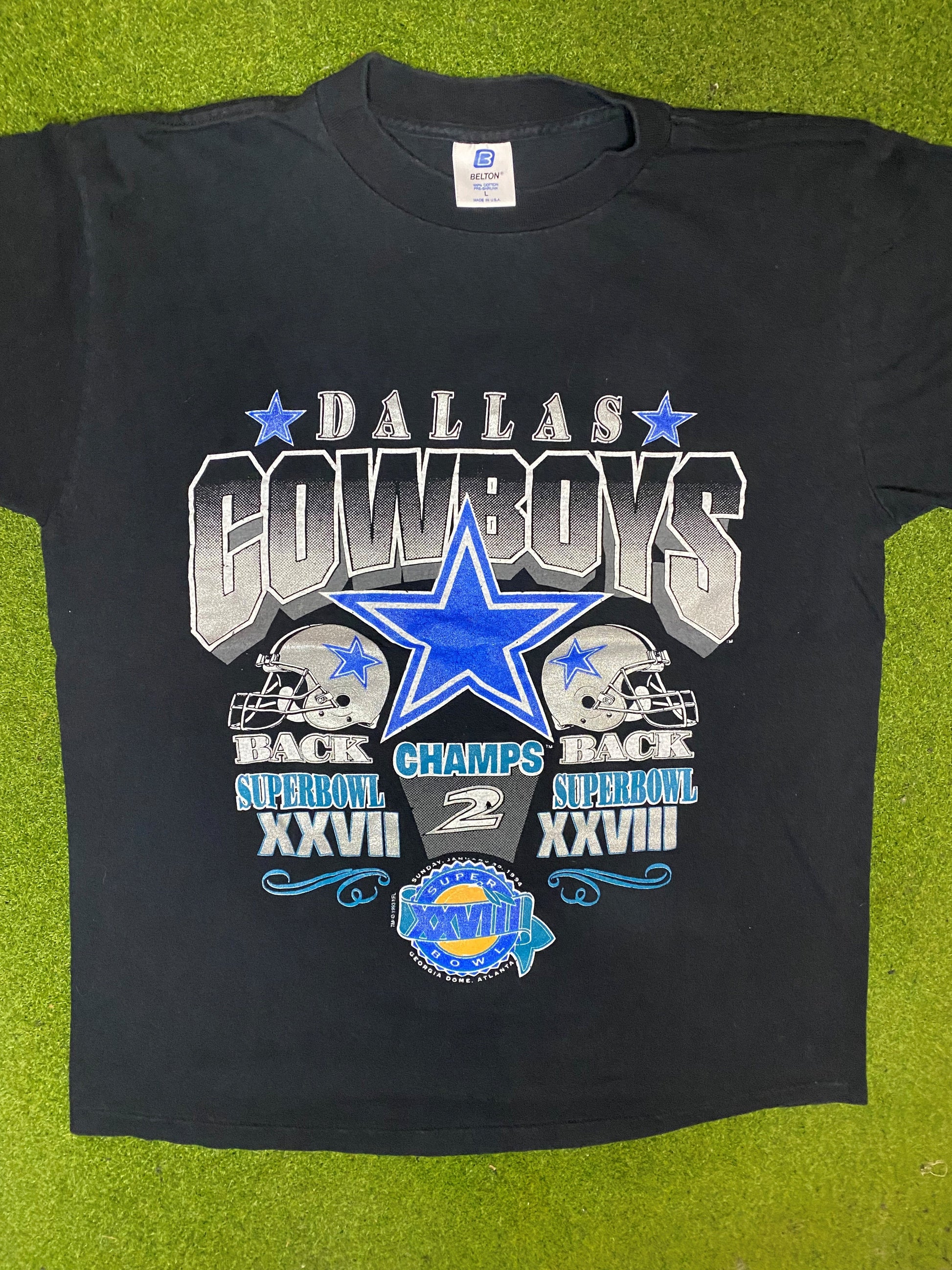 1993 Dallas Cowboys - Back 2 Back Super Bowl Champs - Vintage NFL T-Shirt (Large)