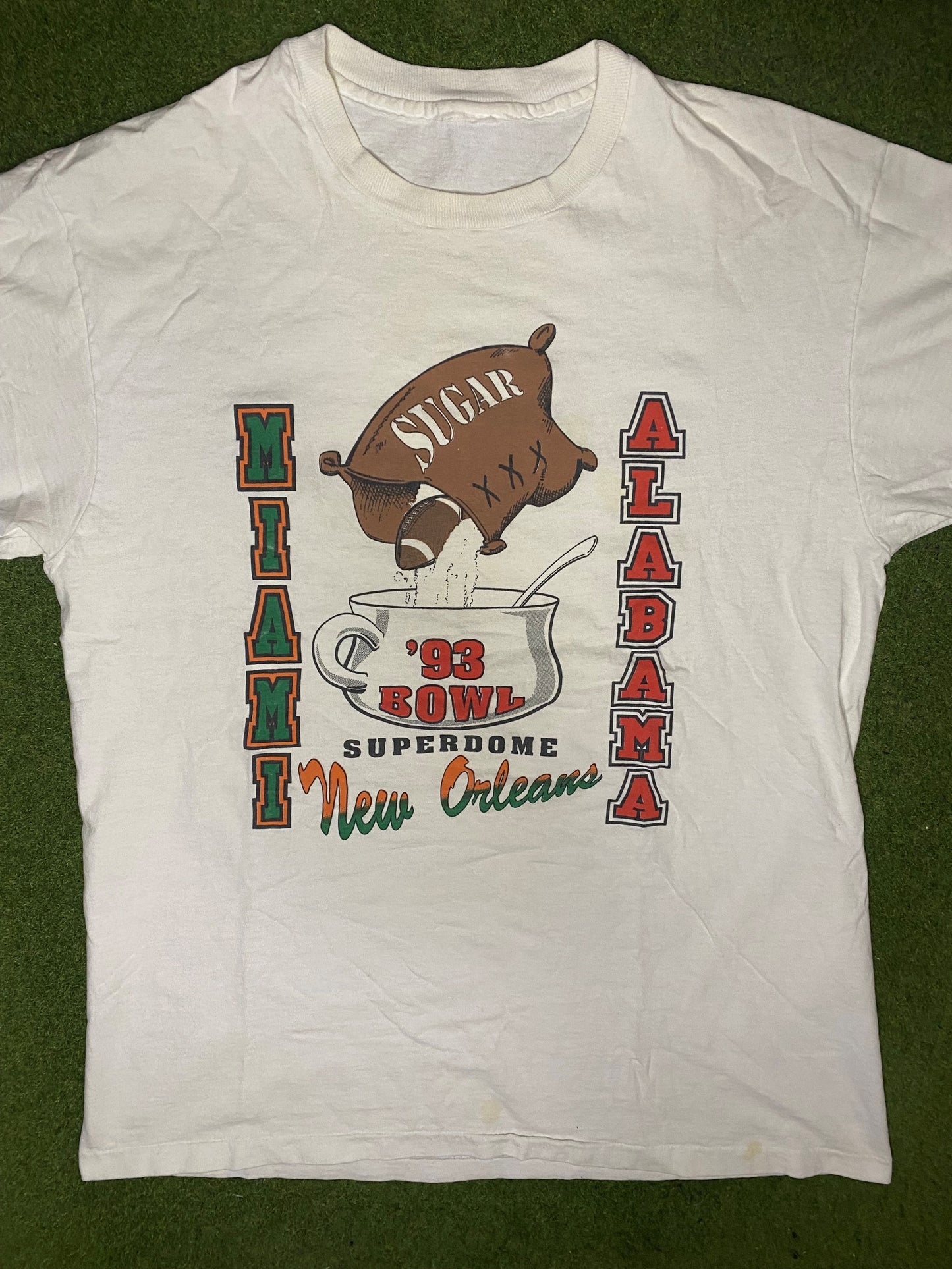 1993 Sugar Bowl - Miami Hurricanes Vs Alabama Crimson Tide - Vintage College T Shirt (Large) - Gametime Vintage