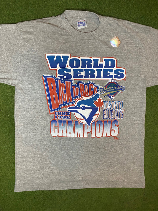 1993 Toronto Blue Jays - Back to Back World Series Champions - Vintage MLB T-Shirt (Large) Gametime Vintage