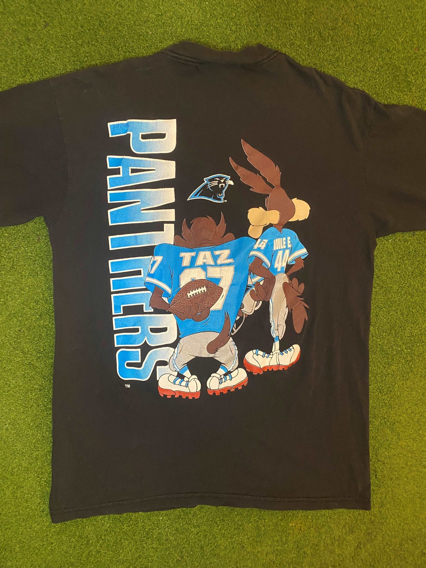 1994 Carolina Panthers - Taz and Coyote Crossover - Double Sided - Vintage NFL T-Shirt (Large) Gametime Vintage