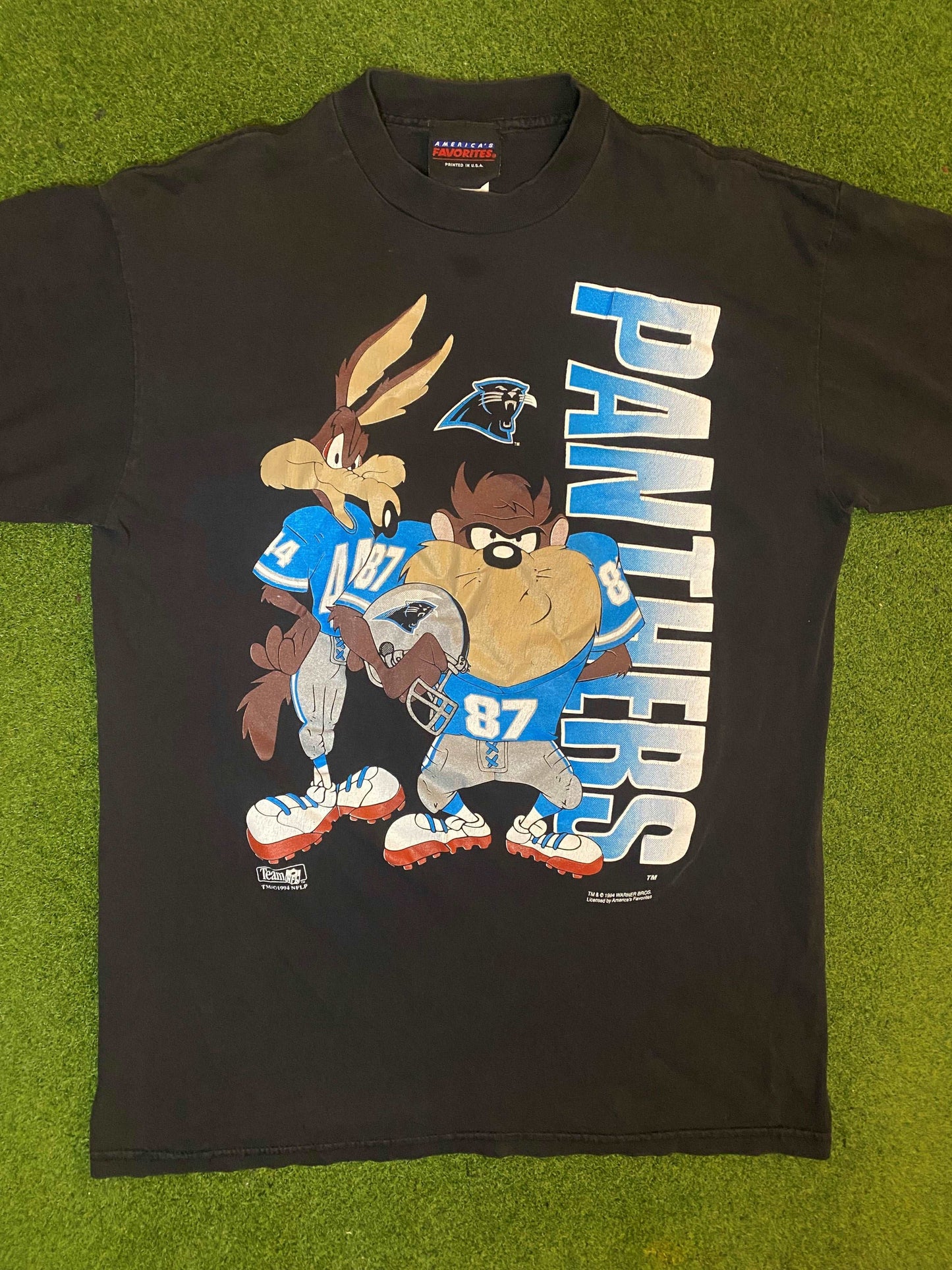 1994 Carolina Panthers - Taz and Coyote Crossover - Double Sided - Vintage NFL T-Shirt (Large) Gametime Vintage