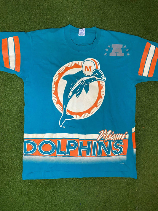 1994 Miami Dolphins - Print All Over - Double Sided - Vintage NFL Tee Shirt (Large)