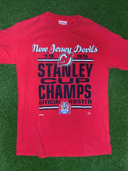 1995 New Jersey Devils - Stanley Cup Champions - Double Sided - Vintage NHL Tee Shirt (Youth XL)